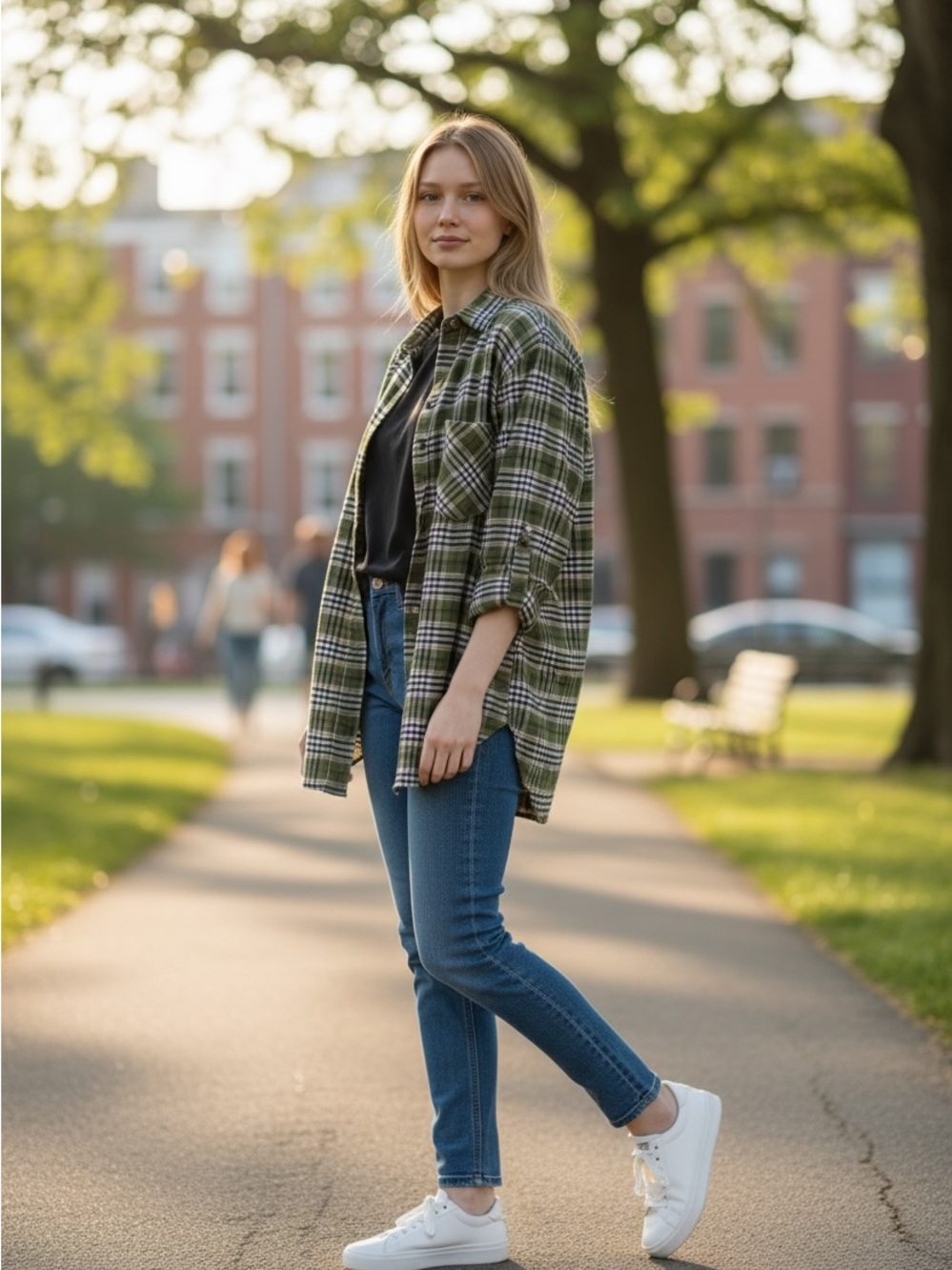SHEIN Green Plaid Button Down Shirt